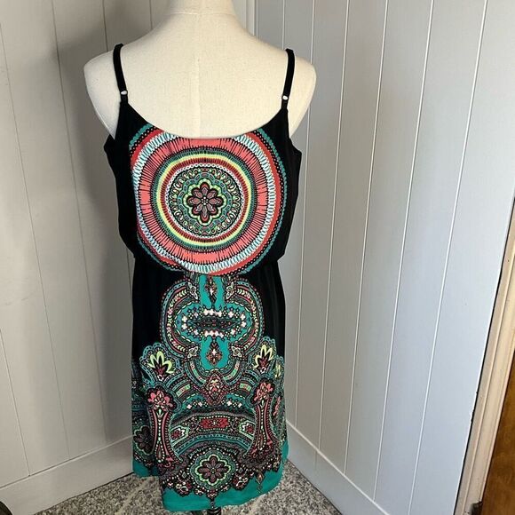 Studio Y Womens Size Large Mini Sundress Black Turquoise Print Adjustable Straps - Picture 5 of 12
